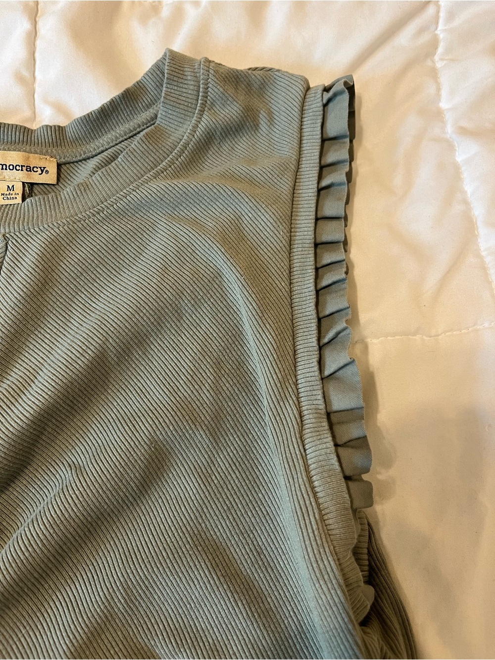 Democracy Olive Ribbed Ruched Tank with Ruffle Trim - Picture 2 of 3